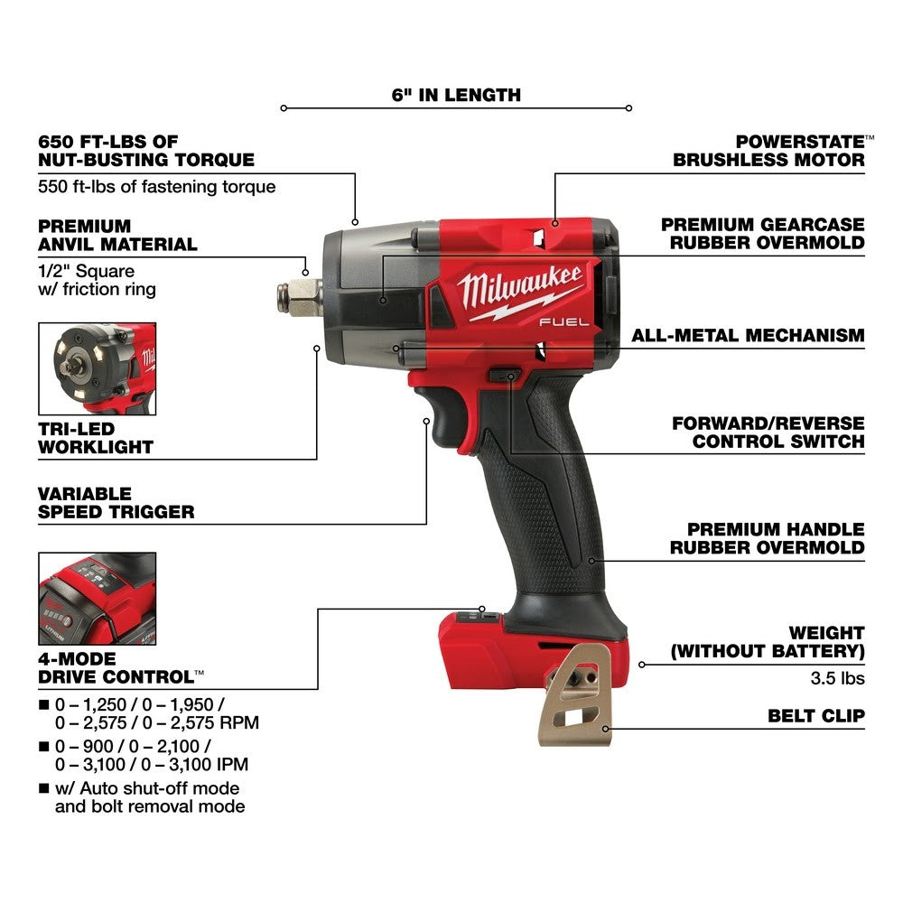 Milwaukee 2962-20 M18 FUEL™ 1/2" Mid-Torque Impact Wrench w/ Friction Ring, Bare Tool