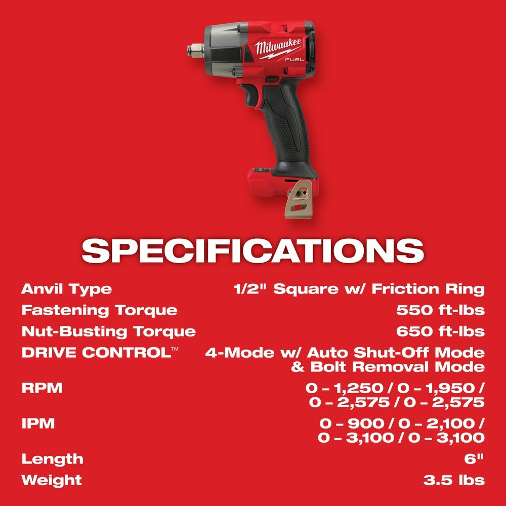 Milwaukee 2962-20 M18 FUEL™ 1/2" Mid-Torque Impact Wrench w/ Friction Ring, Bare Tool