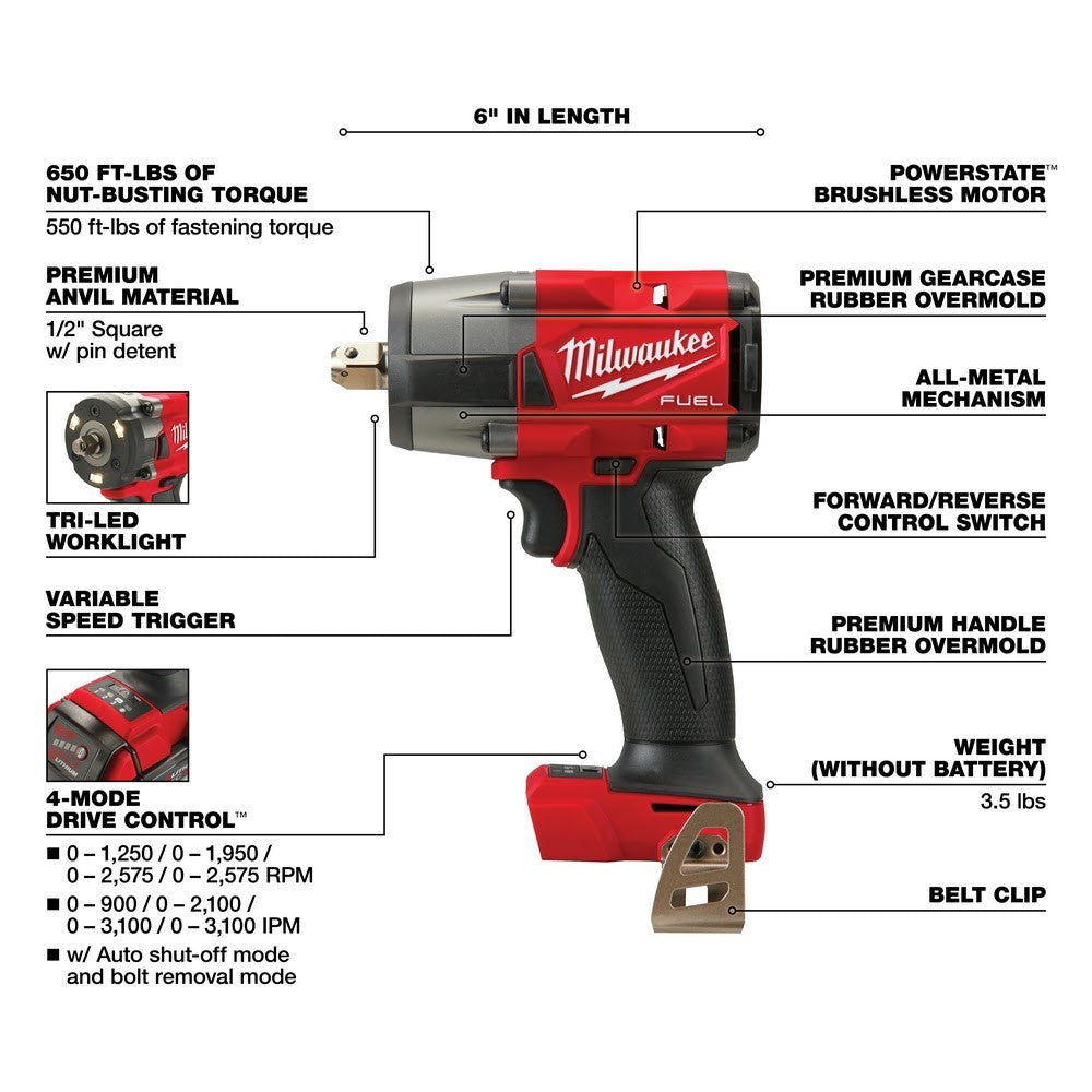 Milwaukee  2962P-20 M18 FUEL™ 1/2" Mid-Torque Impact Wrench w/ Pin Detent, Bare Tool