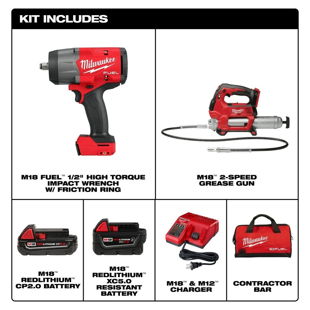 Milwaukee 2967-22GG M18 FUEL 1/2" HTIW w/ Friction Ring & Grease Gun Combo Kit