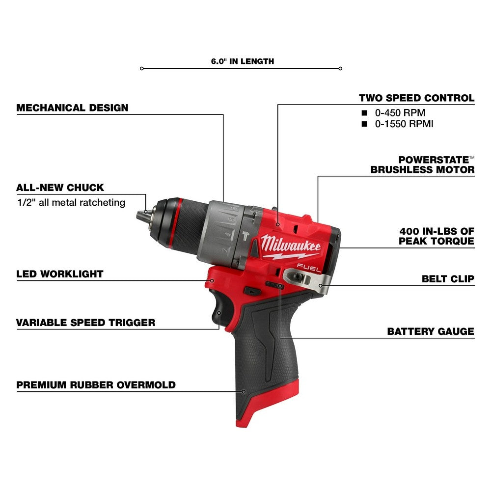 Milwaukee 3404-20 M12 FUEL 1/2" Hammer Drill/Driver, Bare Tool