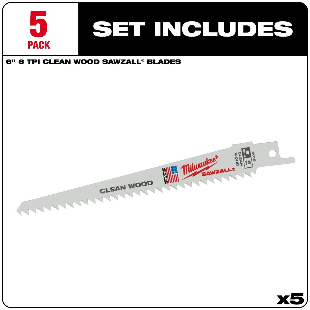 Milwaukee 48-00-5015 6" x 6TPI Super Sawzall Blade 5-Pack