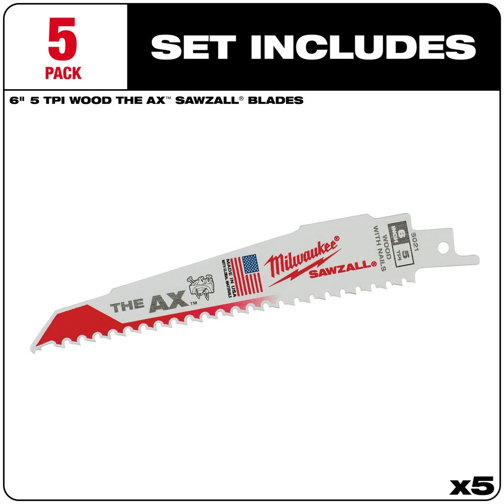 Milwaukee 48-00-5021 6" x 5/8TPI Bi-Metal AX Super Sawzall Blade 5-Pack