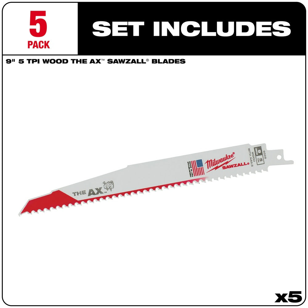 Milwaukee 48-00-5026 9" x 5/8TPI Bi-Metal AX Super Sawzall Blade 5-Pack