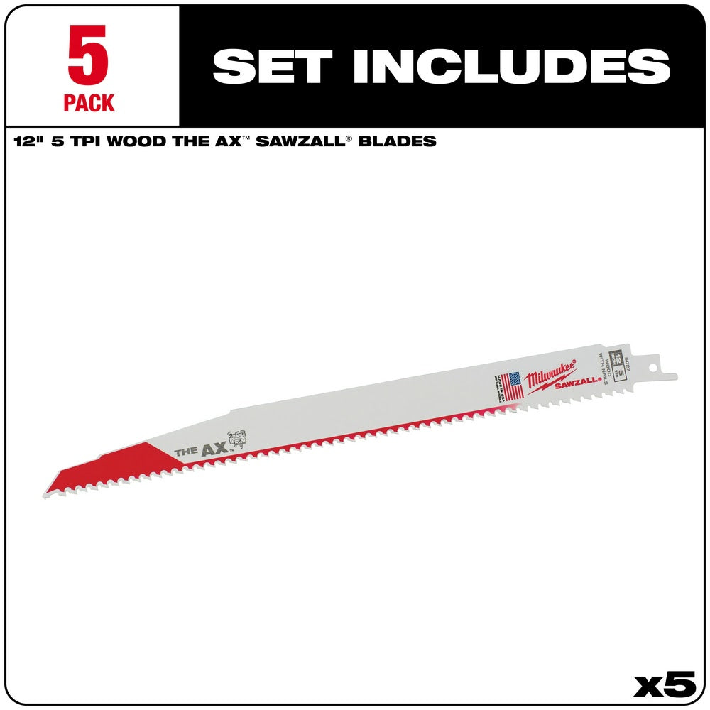 Milwaukee 48-00-5027 12" x 5/8TPI Bi-Metal AX Super Sawzall Blade 5-Pack