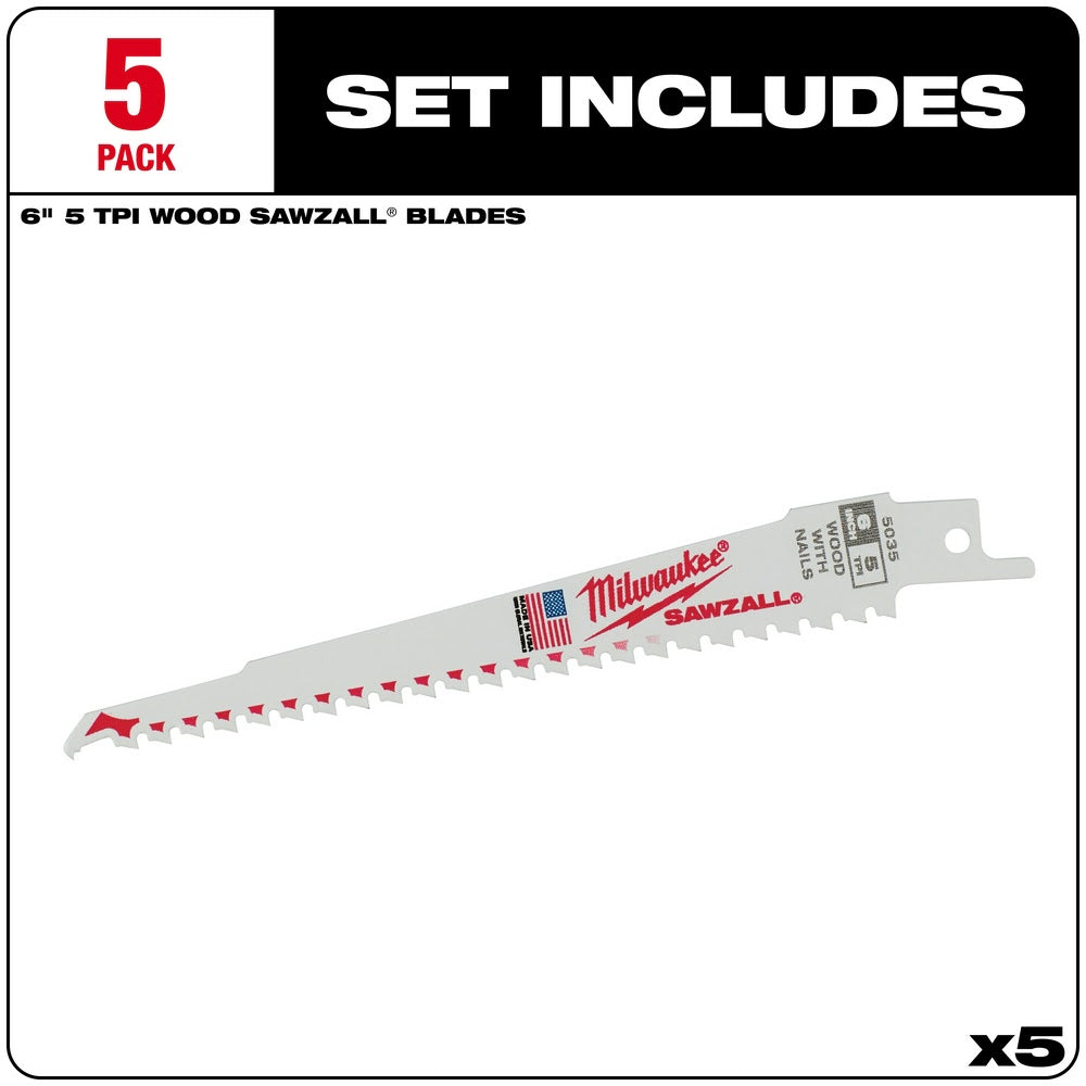 Milwaukee 48-00-5035 6" x 6TPI Bi-Metal Super Sawzall Blade 5-Pack