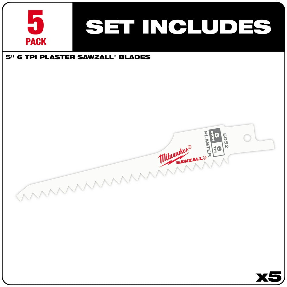Milwaukee 48-00-5052 5" x 6TPI Bi-Metal Super Sawzall Blade 5-Pack