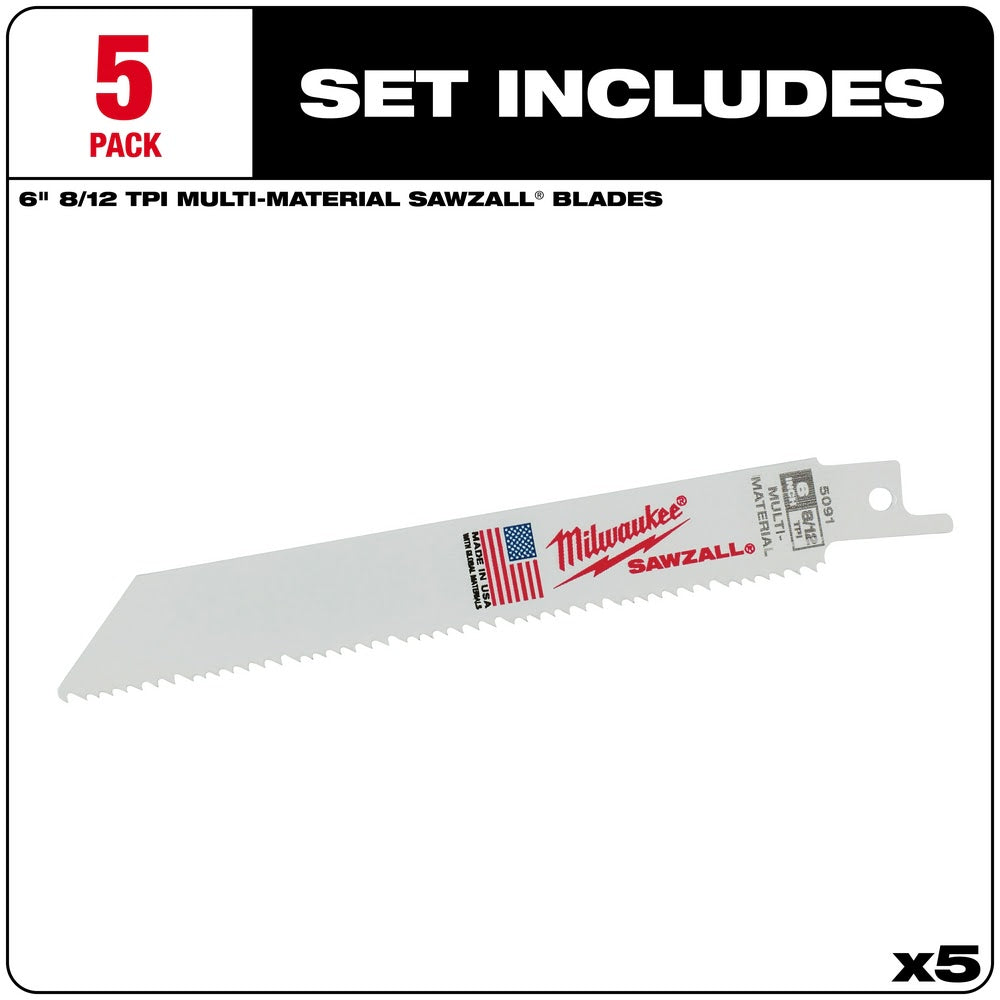 Milwaukee 48-00-5091 6" x 8/12TPI Bi-Metal Super Sawzall Blade 5-Pack