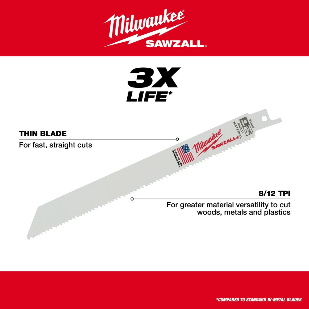 Milwaukee 48-00-5091 6" x 8/12TPI Bi-Metal Super Sawzall Blade 5-Pack