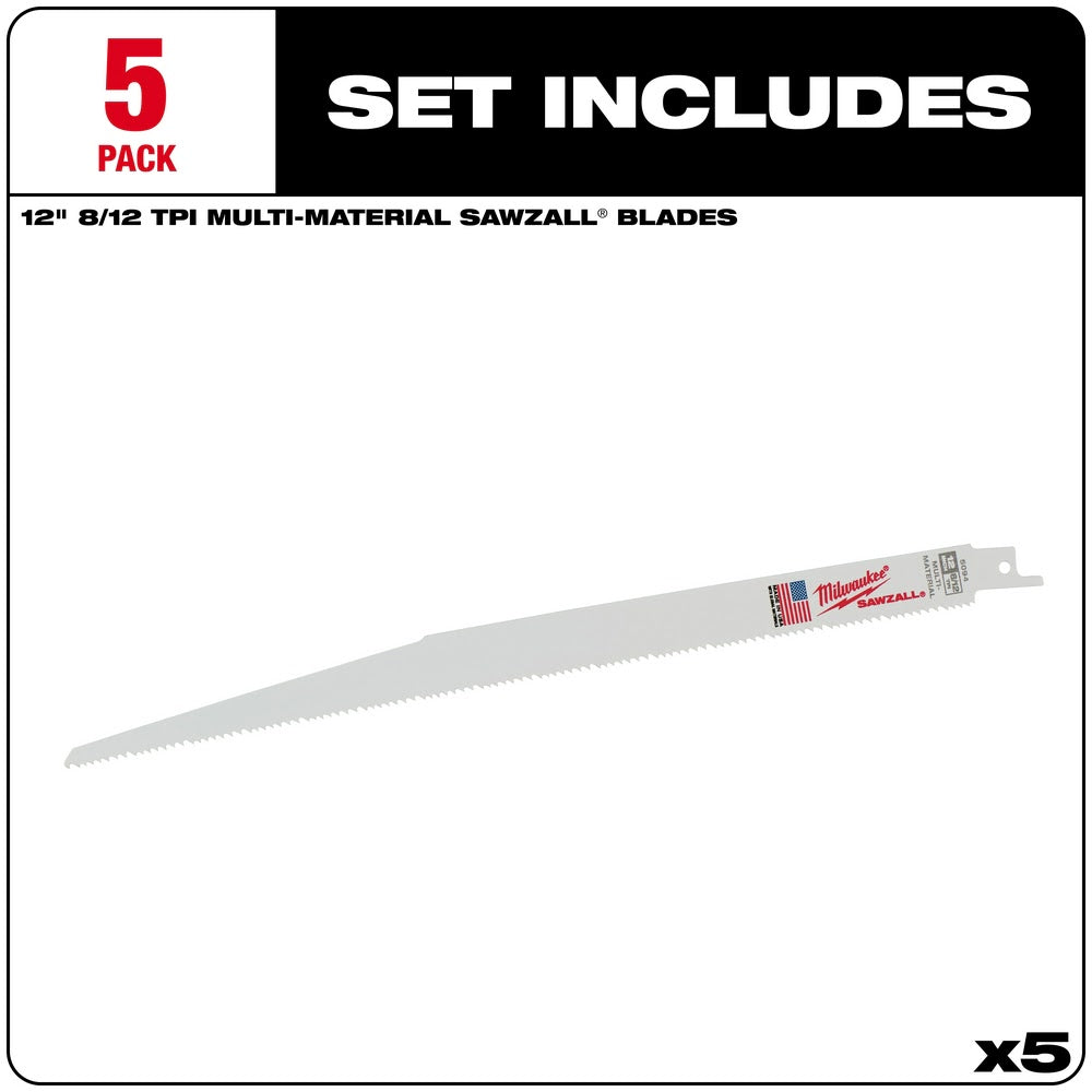 Milwaukee 48-00-5094 12" x 8/12TPI Bi-Metal Super Sawzall Blade, 5Pk