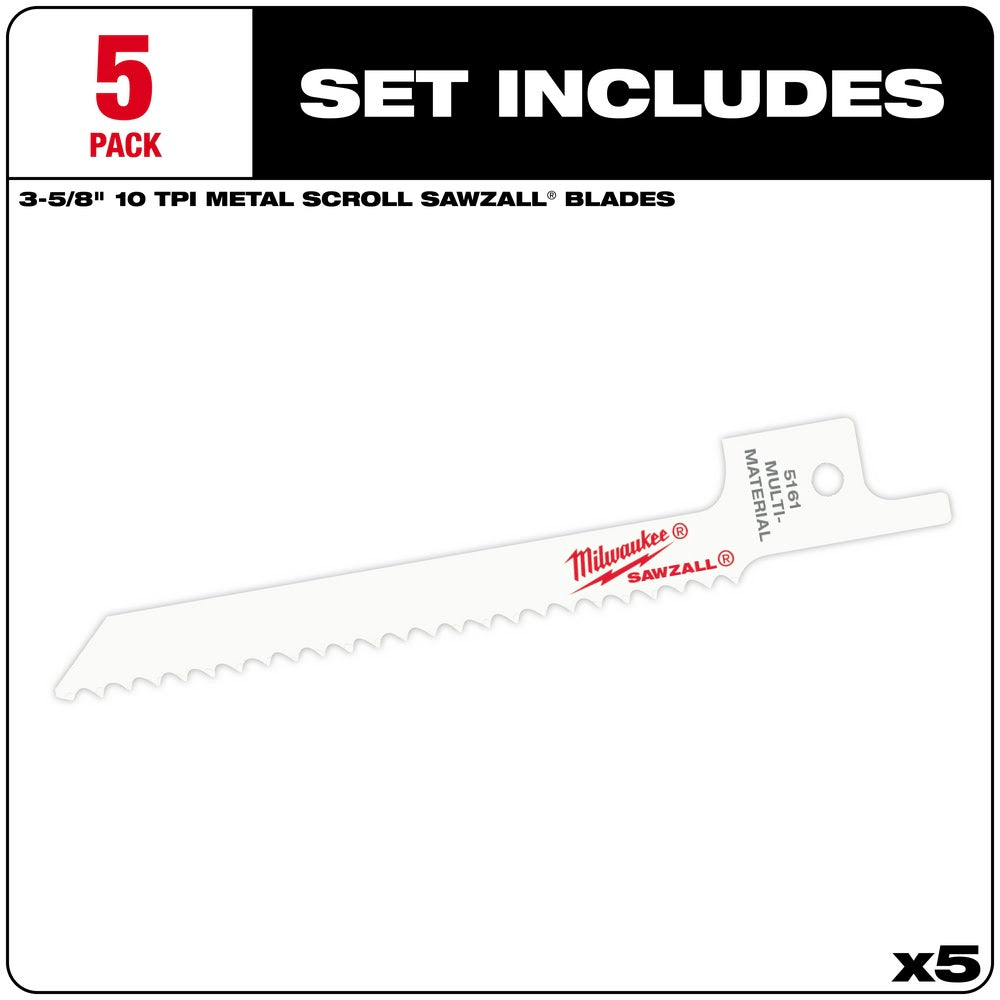 Milwaukee 48-00-5161 3-5/8" x 10TPI Bi-Metal Super Sawzall Blade, 5Pk