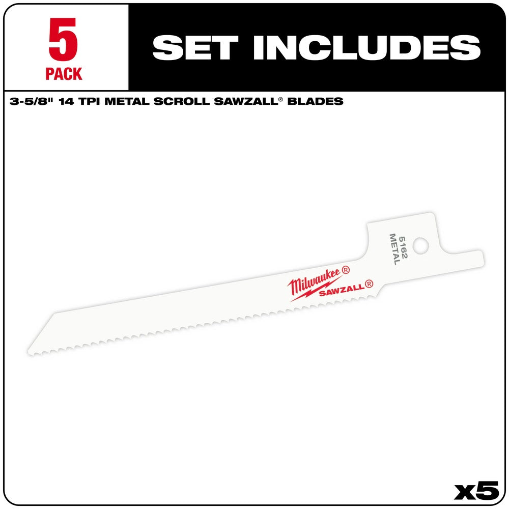 Milwaukee 48-00-5162 3-5/8" x 14TPI Bi-Metal Super Sawzall Blade, 5Pk