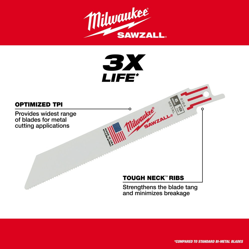 Milwaukee 48-00-5186 6" x 24TPI Bi-Metal Super Sawzall Blade
