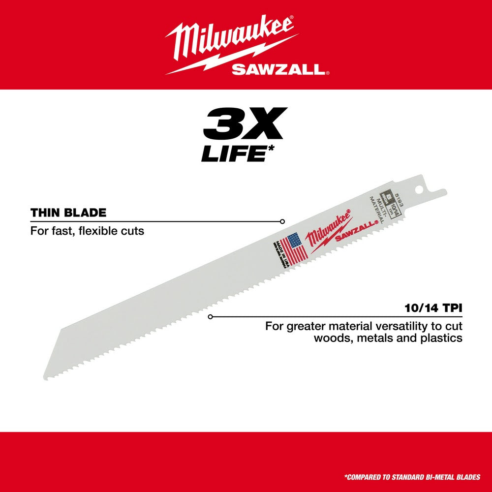 Milwaukee 48-00-5193 8" x 10/14TPI Bi-Metal Super Sawzall Blade