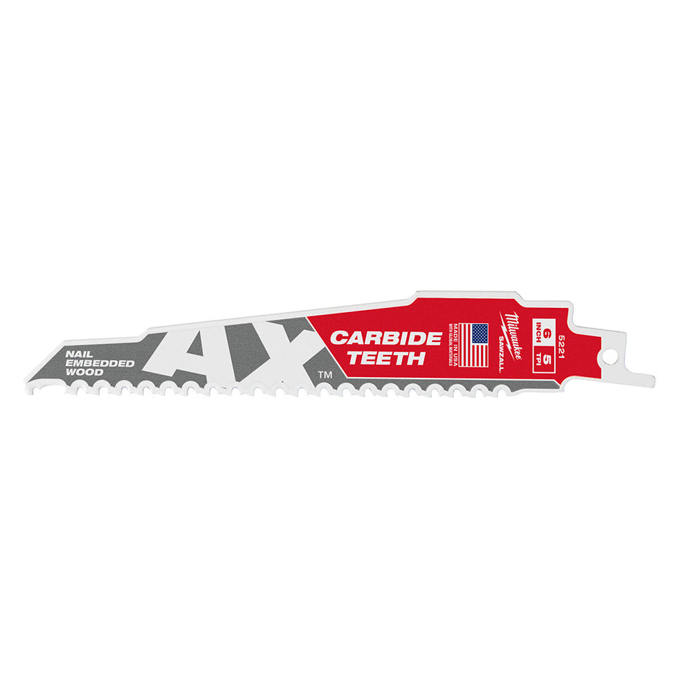 Milwaukee 48-00-5221 AX Sawzall Blade with Carbide Teeth, 6" 5TPI