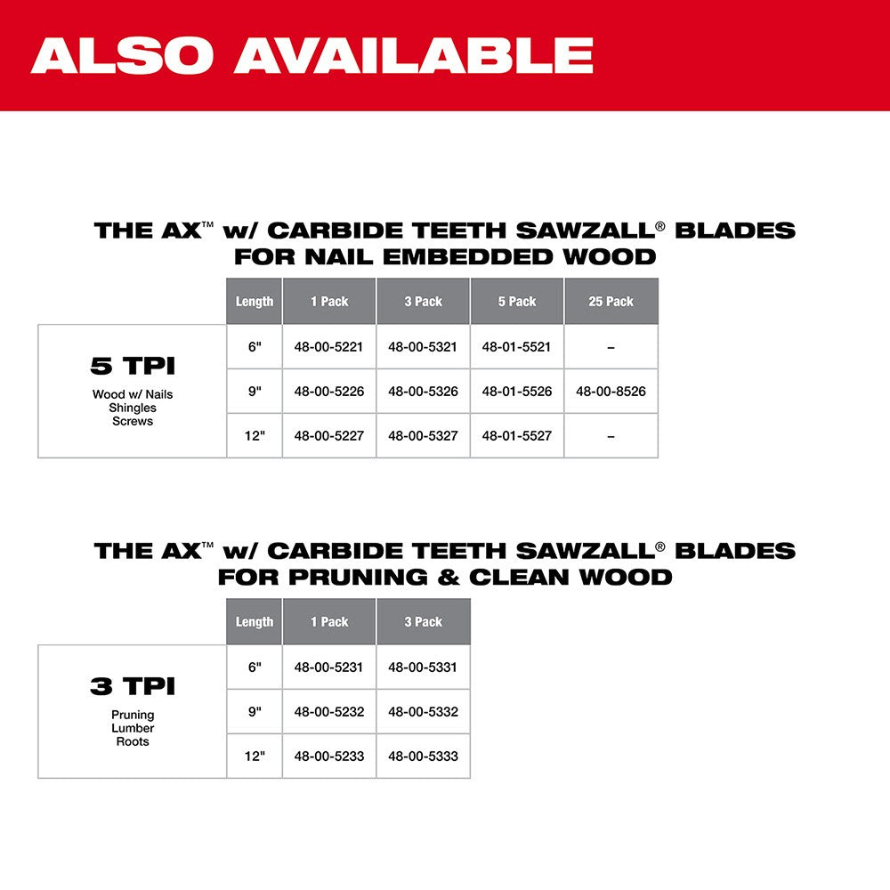 Milwaukee 48-00-5232 9" 3TPI The AX™ with Carbide Teeth for Pruning & Clean Wood SAWZALL® Blade 1Pk