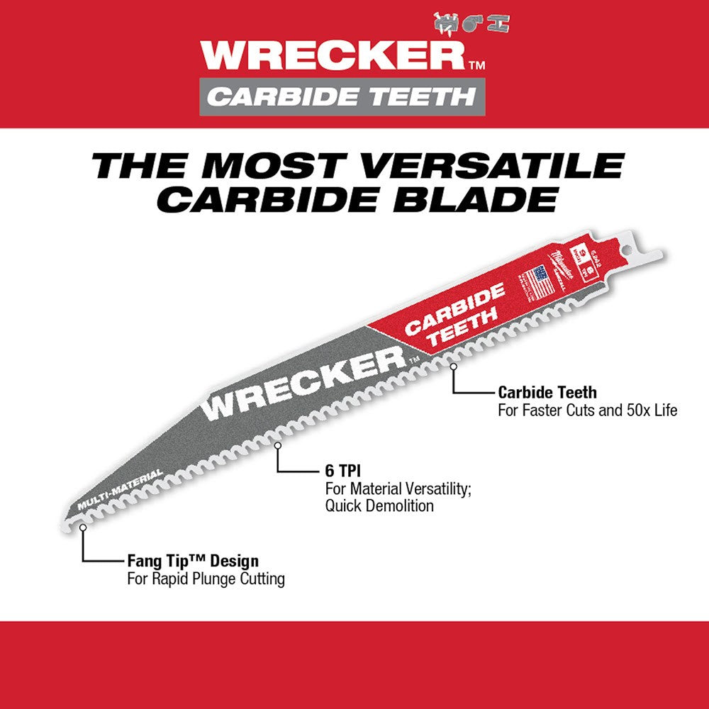 Milwaukee 48-00-5242 9" 6TPI THE WRECKER™ with Carbide Teeth SAWZALL® Blade 1Pk