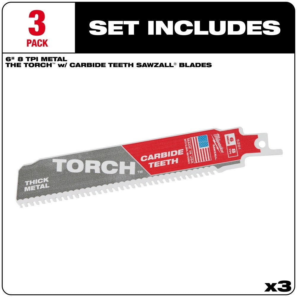 Milwaukee 48-00-5301 6" 7TPI Torch Metal Cutting Sawzall Blade with Carbide Teeth, 3 Pack