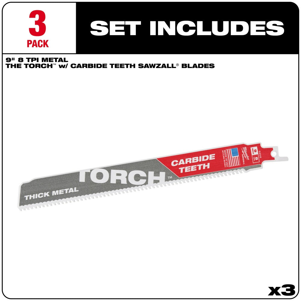 Milwaukee 48-00-5302 9" 7TPI Torch Metal Cutting Sawzall Blade with Carbide Teeth, 3 Pack