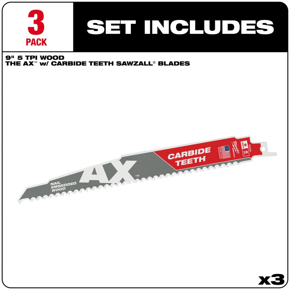 Milwaukee 48-00-5326 9" 5TPI AX with Carbide Teeth Sawzall Blade, 3 Pack