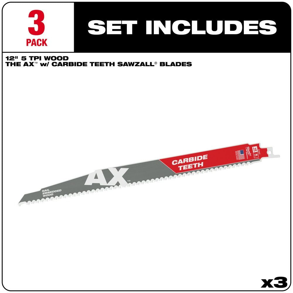 Milwaukee 48-00-5327 12" 5TPI AX with Carbide Teeth Sawzall Blade, 3 Pack