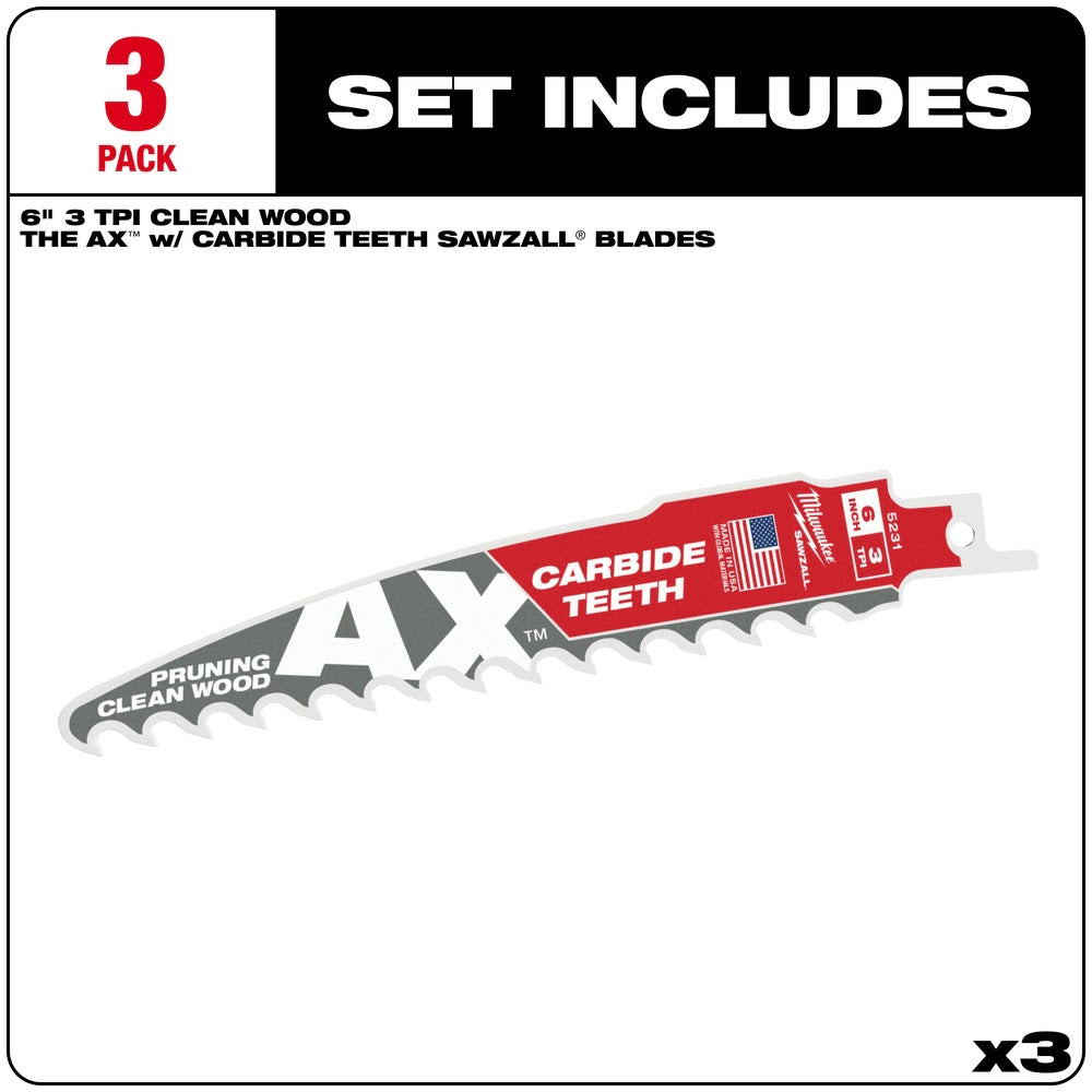 Milwaukee 48-00-5331 6" 3TPI The AX™ with Carbide Teeth for Pruning & Clean Wood SAWZALL® Blade 3Pk