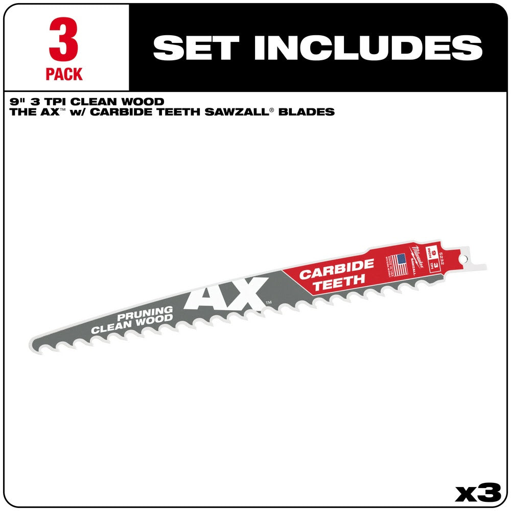 Milwaukee 48-00-5332 9" 3TPI The AX™ with Carbide Teeth for Pruning & Clean Wood SAWZALL® Blade 3Pk
