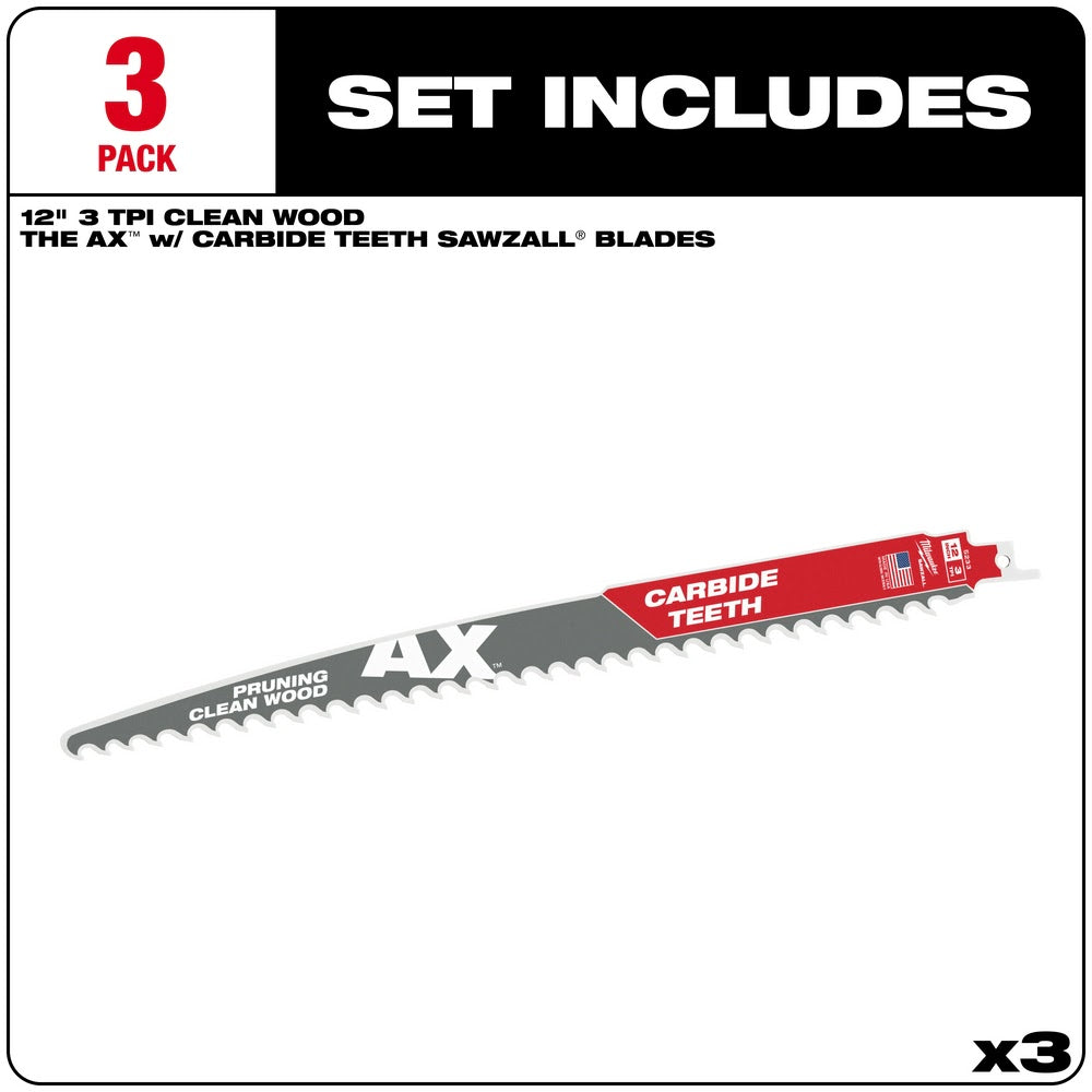 Milwaukee 48-00-5333 12" 3TPI The AX™ with Carbide Teeth for Pruning & Clean Wood SAWZALL® Blade 3Pk