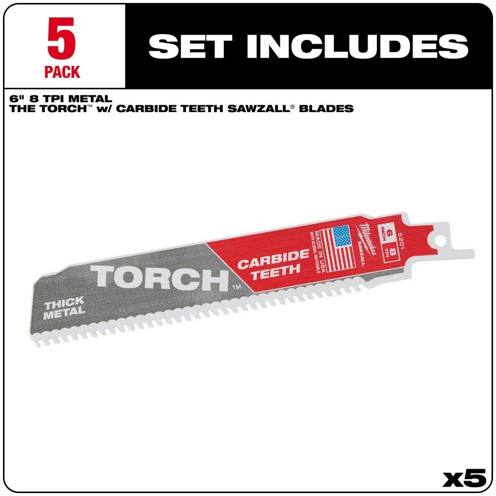 Milwaukee 48-00-5501 6" 7TPI Torch Metal Cutting Sawzall Blade with Carbide Teeth, 5 Pack