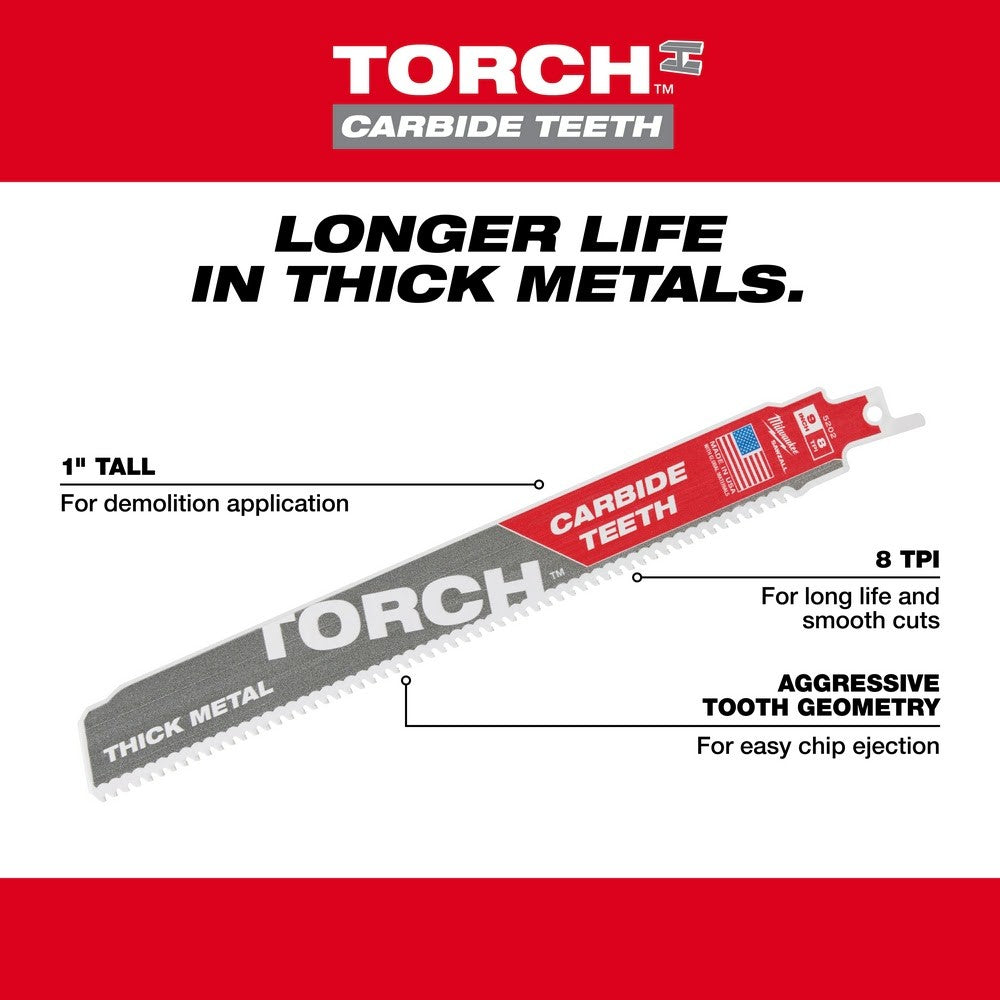 Milwaukee 48-00-5502 9" 7TPI Torch Metal Cutting Sawzall Blade with Carbide Teeth, 5 Pack