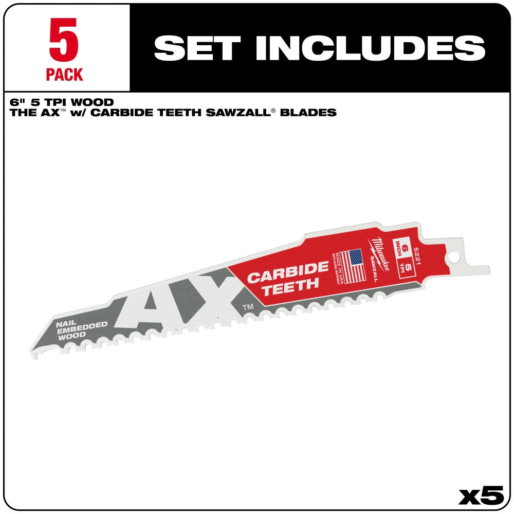 Milwaukee 48-00-5521 6" 5TPI AX with Carbide Teeth Sawzall Blade, 5 Pack