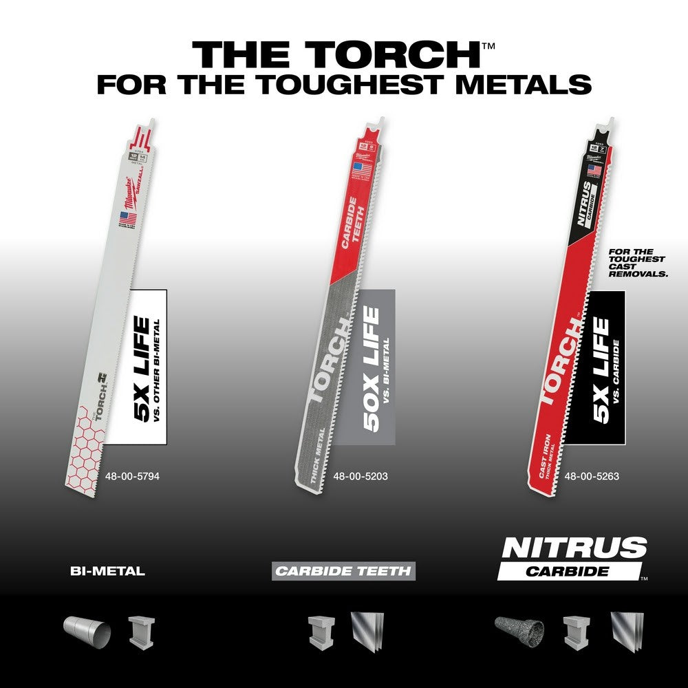 Milwaukee 48-00-5563 12” 7TPI The TORCH™ with NITRUS Carbide™ for Cast Iron SAWZALL®  Blade 5Pk