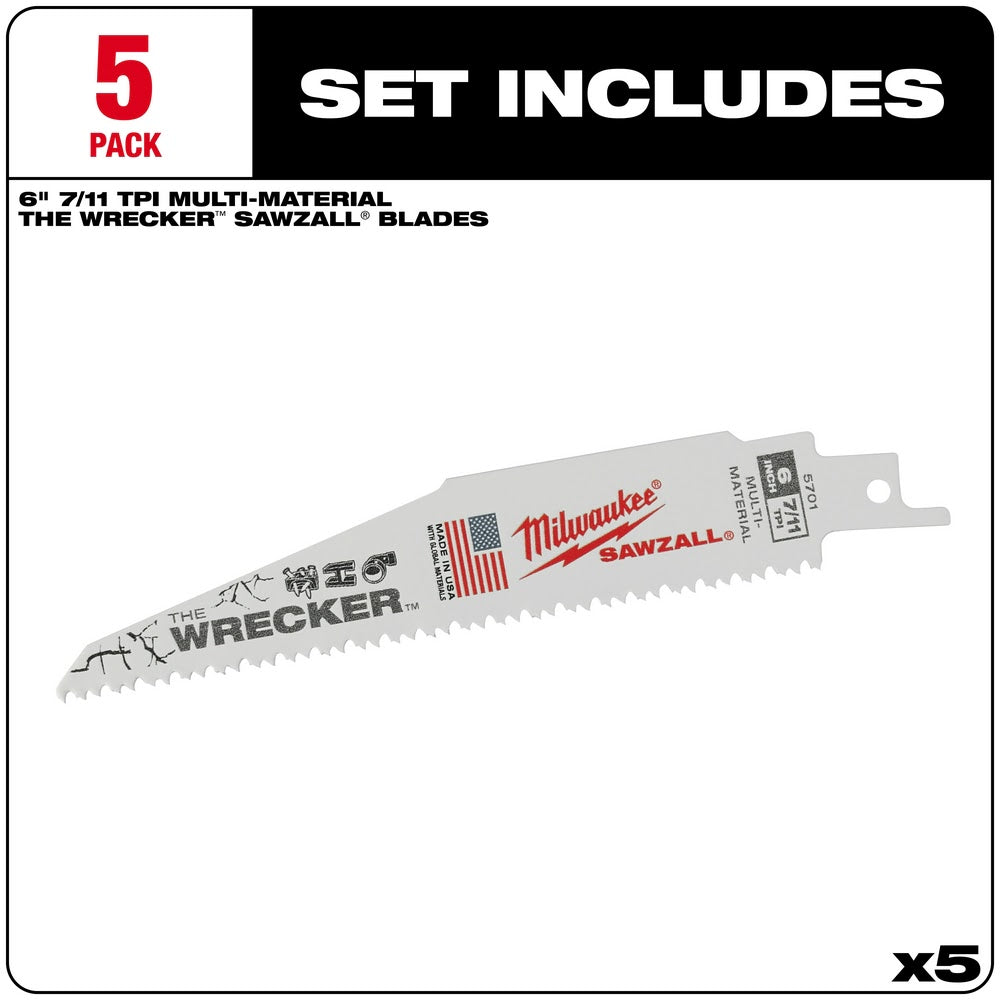 Milwaukee 48-00-5701 Super Sawzall Blade 8TPI 6-Inch Length, Wrecker, 5 Pack