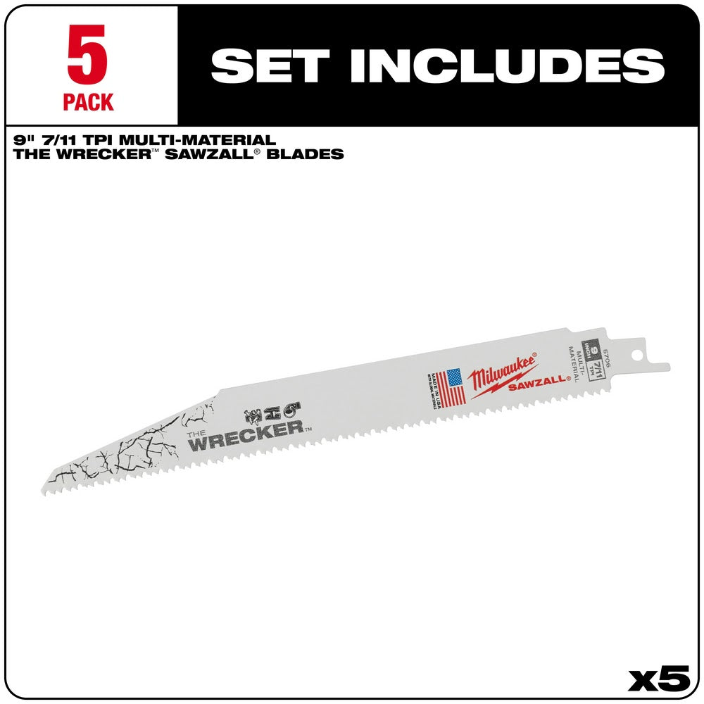Milwaukee 48-00-5706 9" x 8TPI Super Sawzall Wrecker Blade, 5-Pack