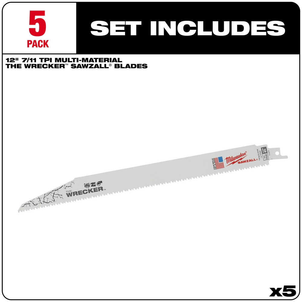 Milwaukee 48-00-5711 Super Sawzall Blade 8TPI 12-Inch Length, Wrecker, 5 Pack