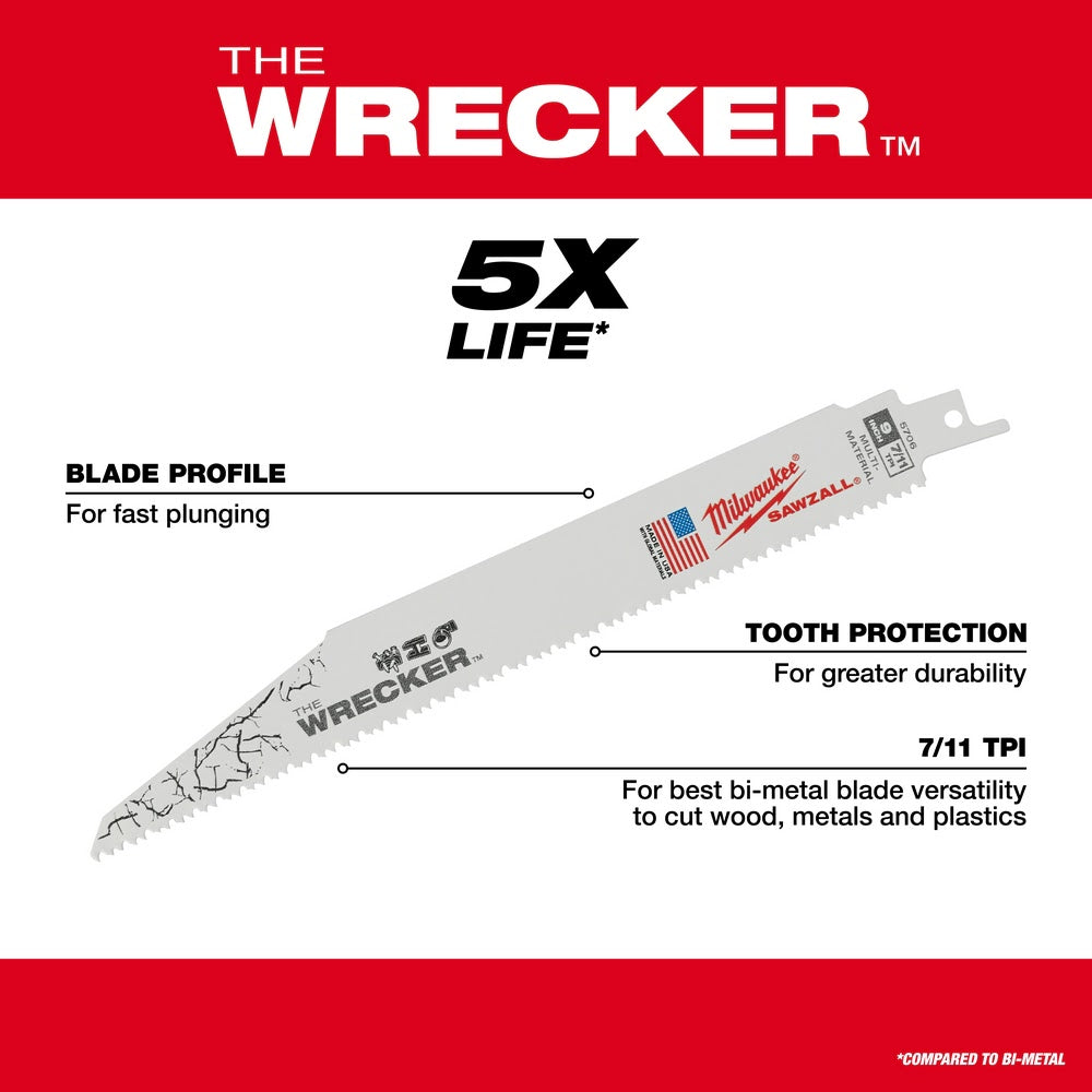 Milwaukee 48-00-5711 Super Sawzall Blade 8TPI 12-Inch Length, Wrecker, 5 Pack