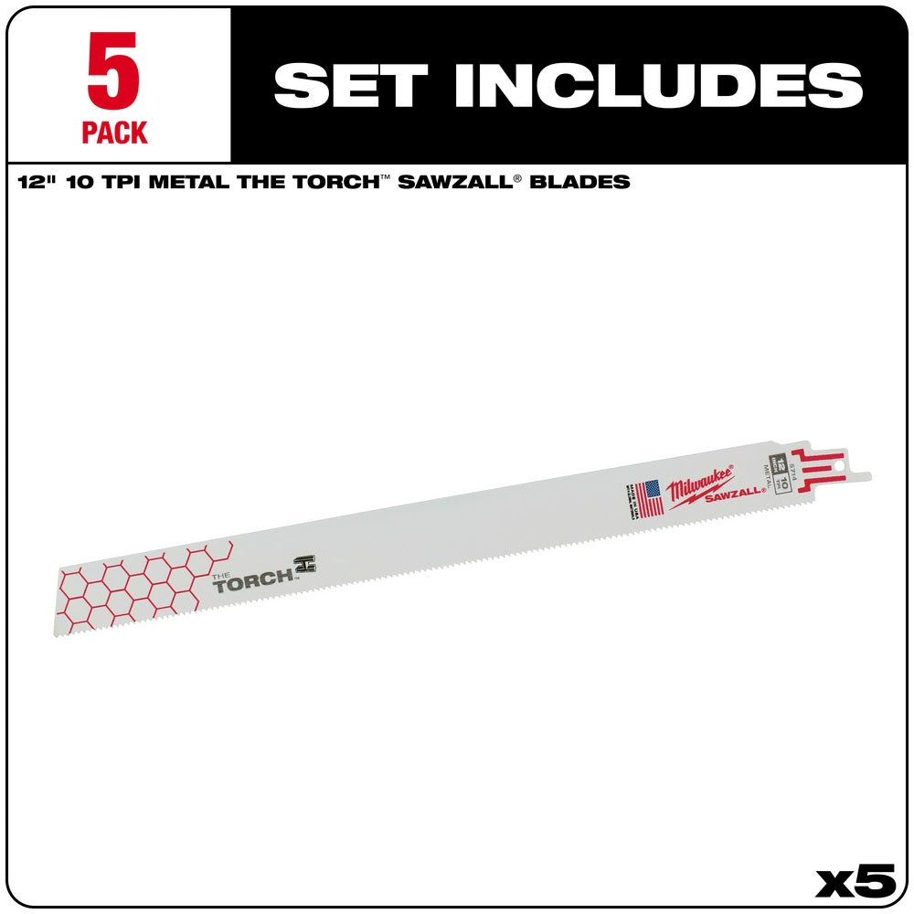 Milwaukee 48-00-5714 Super Sawzall Blade 10TPI 12-Inch Length, Torch, 5 Pack