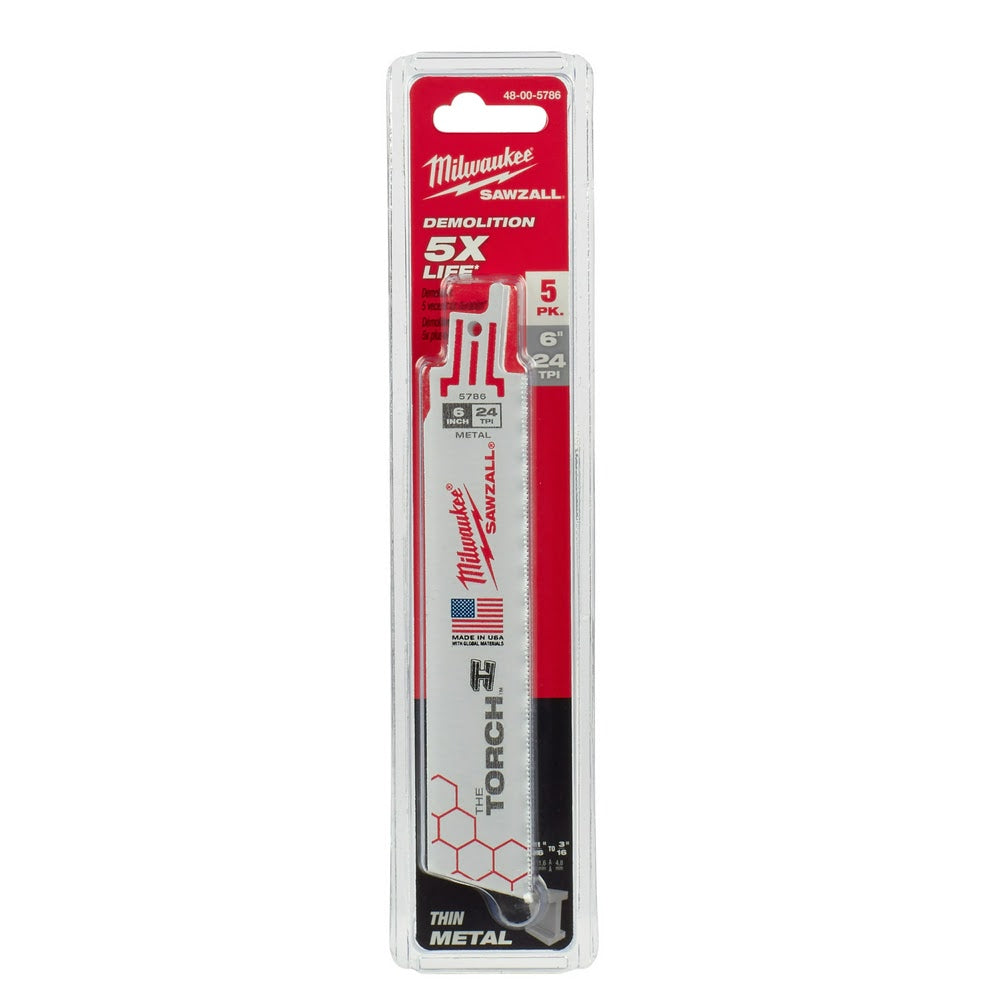 Milwaukee 48-00-5786 Super Sawzall Blade 24TPI 6-Inch Length, Torch, 5 Pack