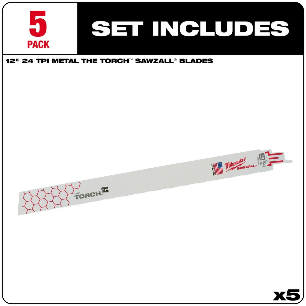 Milwaukee 48-00-5791 Super Sawzall Blade 24TPI 12-Inch Length, Torch, 5 Pack