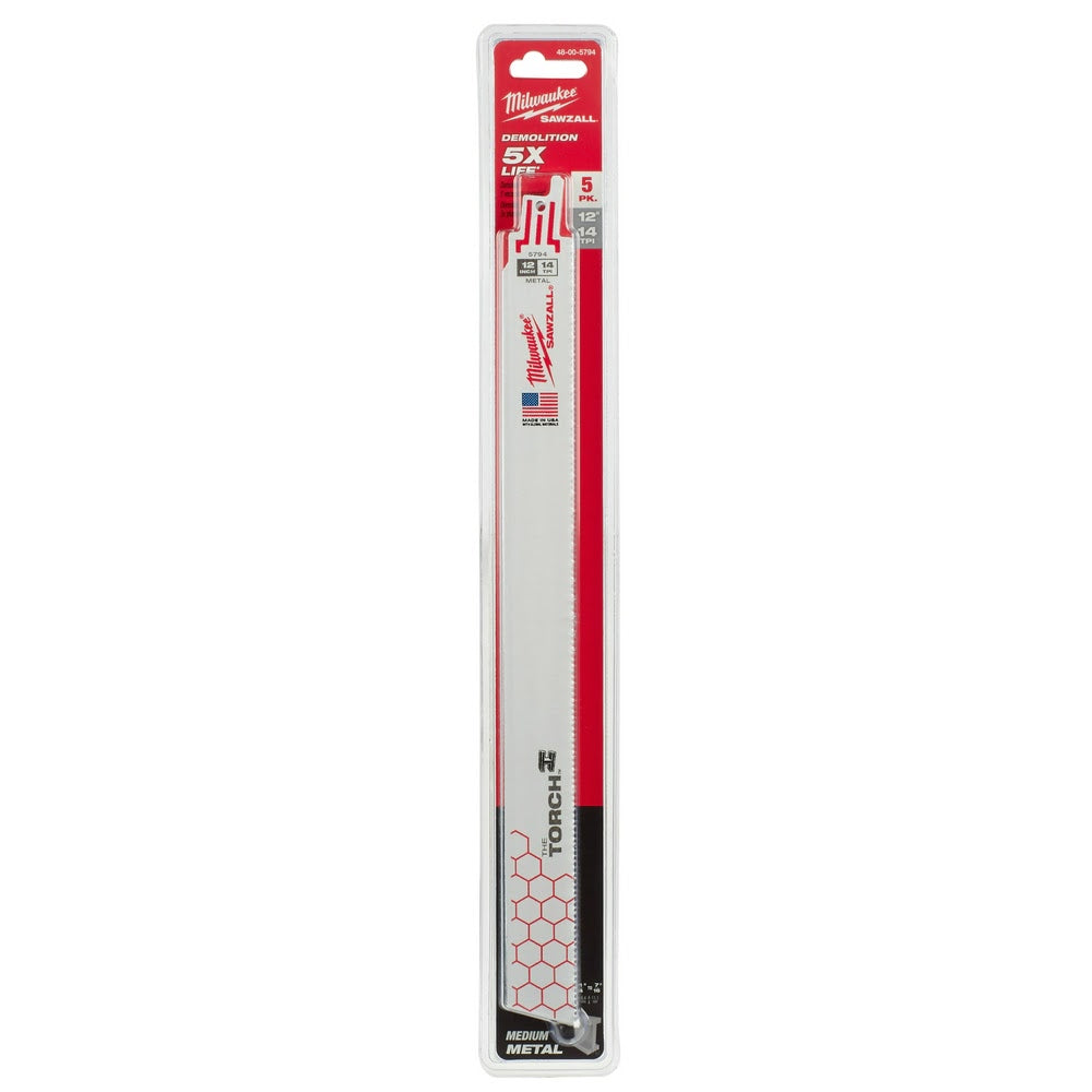 Milwaukee 48-00-5794 Super Sawzall Blade 14TPI 12-Inch Length Torch, 5 Pack