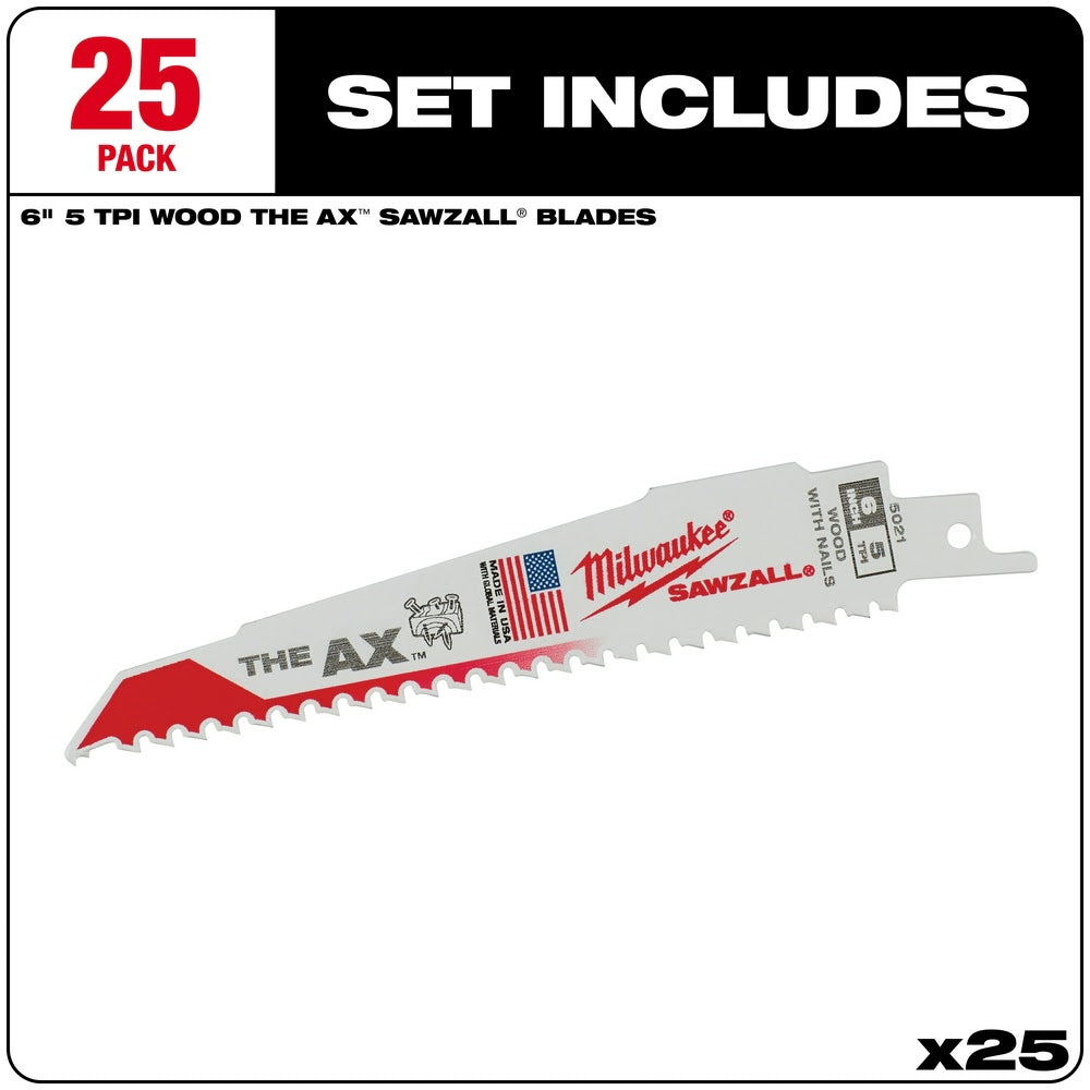 Milwaukee 48-00-8021 6" x 5/8 TPI Super Sawzall AX Blade, 25-Pack