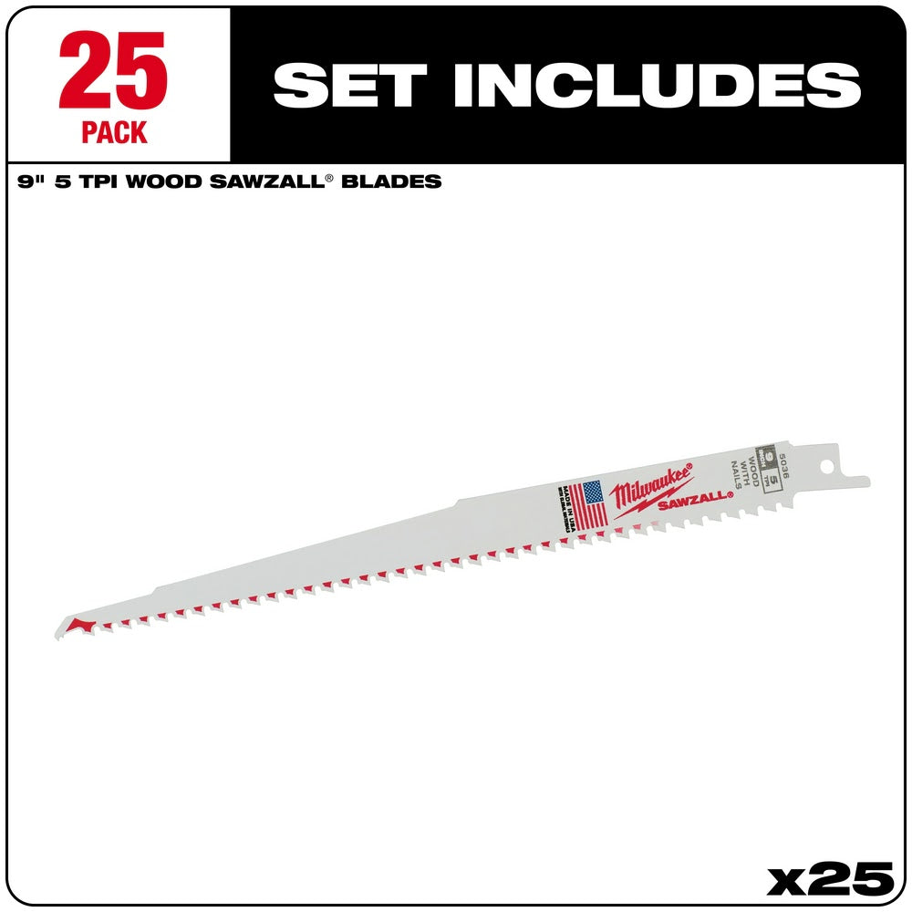 Milwaukee 48-00-8036 Super Sawzall Blade 5 TPI 9-Inch Length, 25 Pack