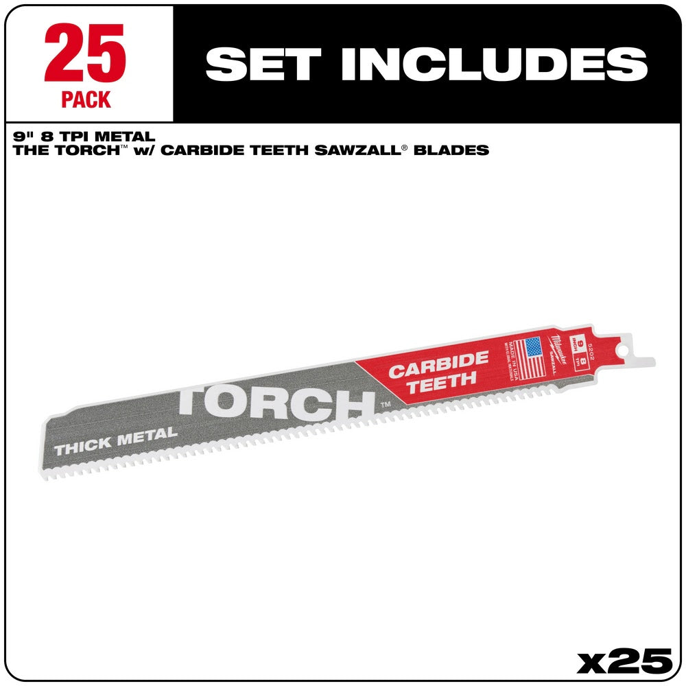Milwaukee 48-00-8502 9" 7TPI The TORCH™ with Carbide Teeth SAWZALL® Blade, 25Pk