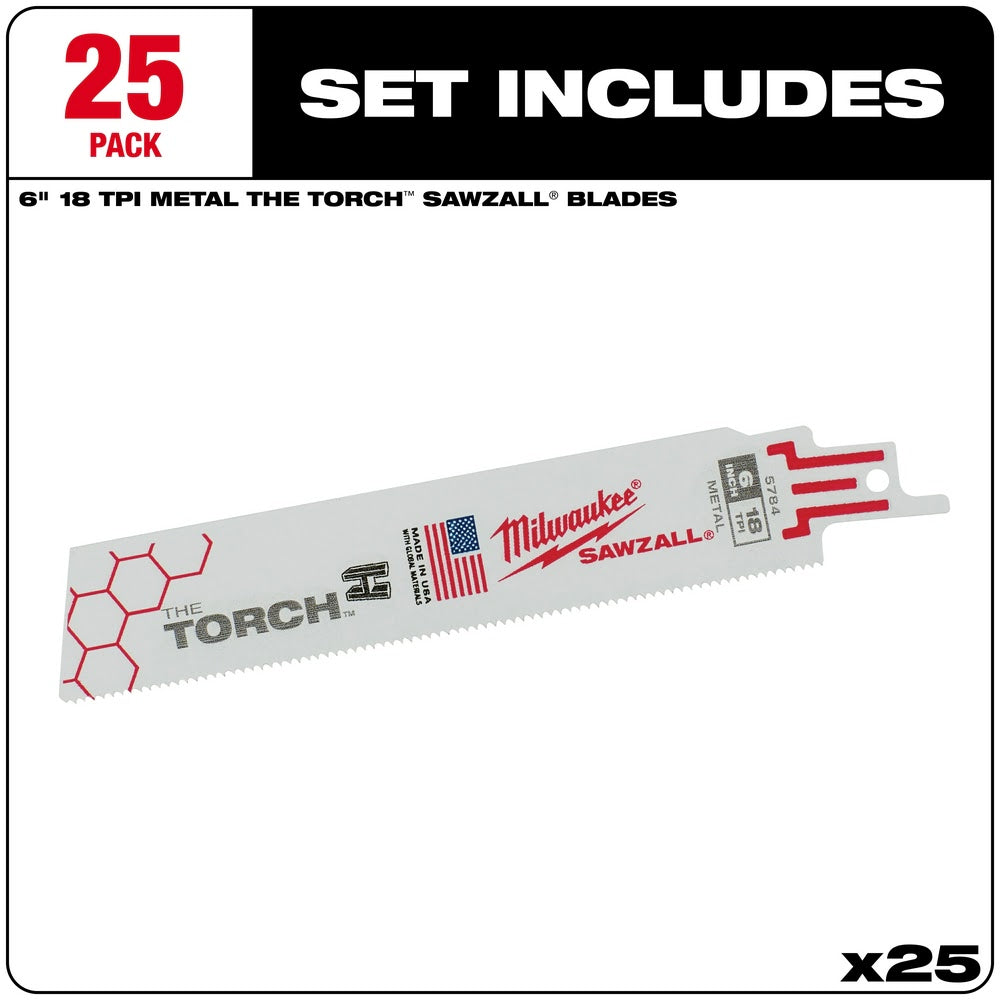 Milwaukee 48-00-8784 Super Sawzall Blade 18TPI 6-Inch Length, Torch, 25 Pack
