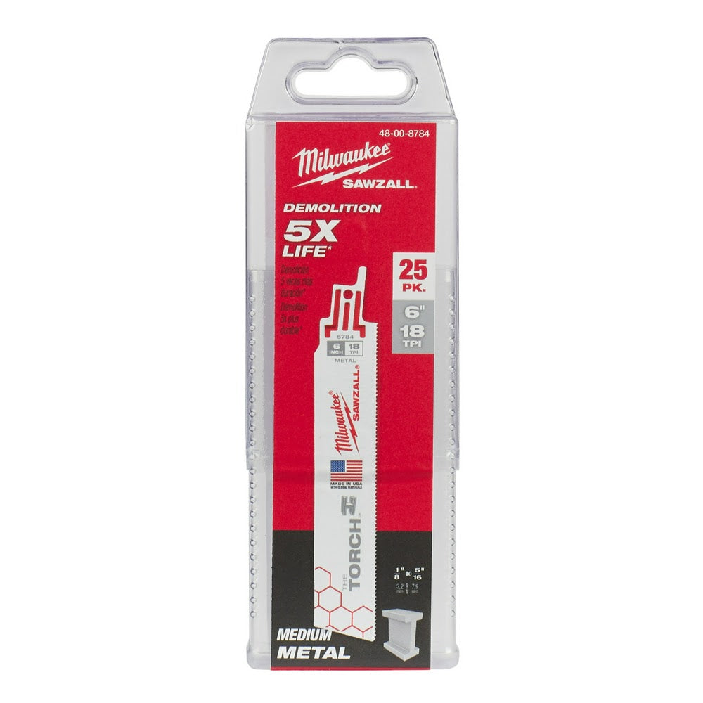 Milwaukee 48-00-8784 Super Sawzall Blade 18TPI 6-Inch Length, Torch, 25 Pack