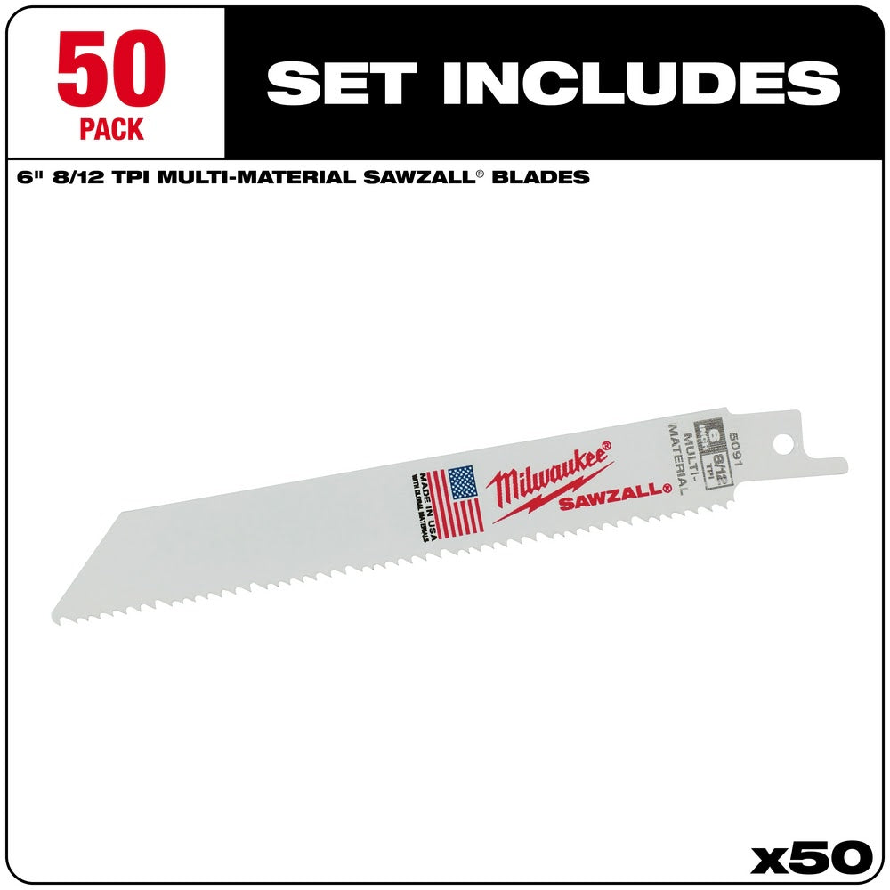 Milwaukee 48-01-6091 6" x 8/12 TPI Bi-Metal Super Sawzall Blade, 50-Pack