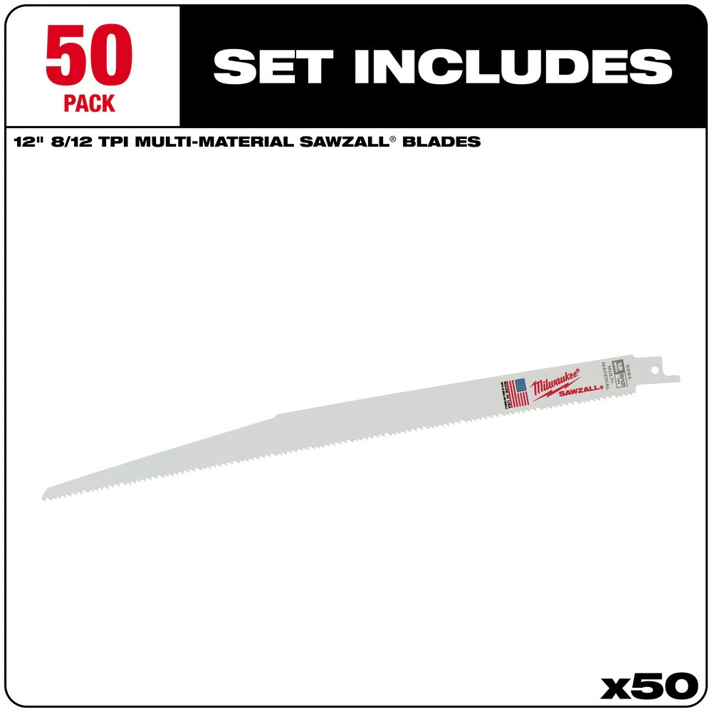 Milwaukee 48-01-6094 12" x  8/12 TPI Bi-Metal Super Sawzall Blade, 50-Pack