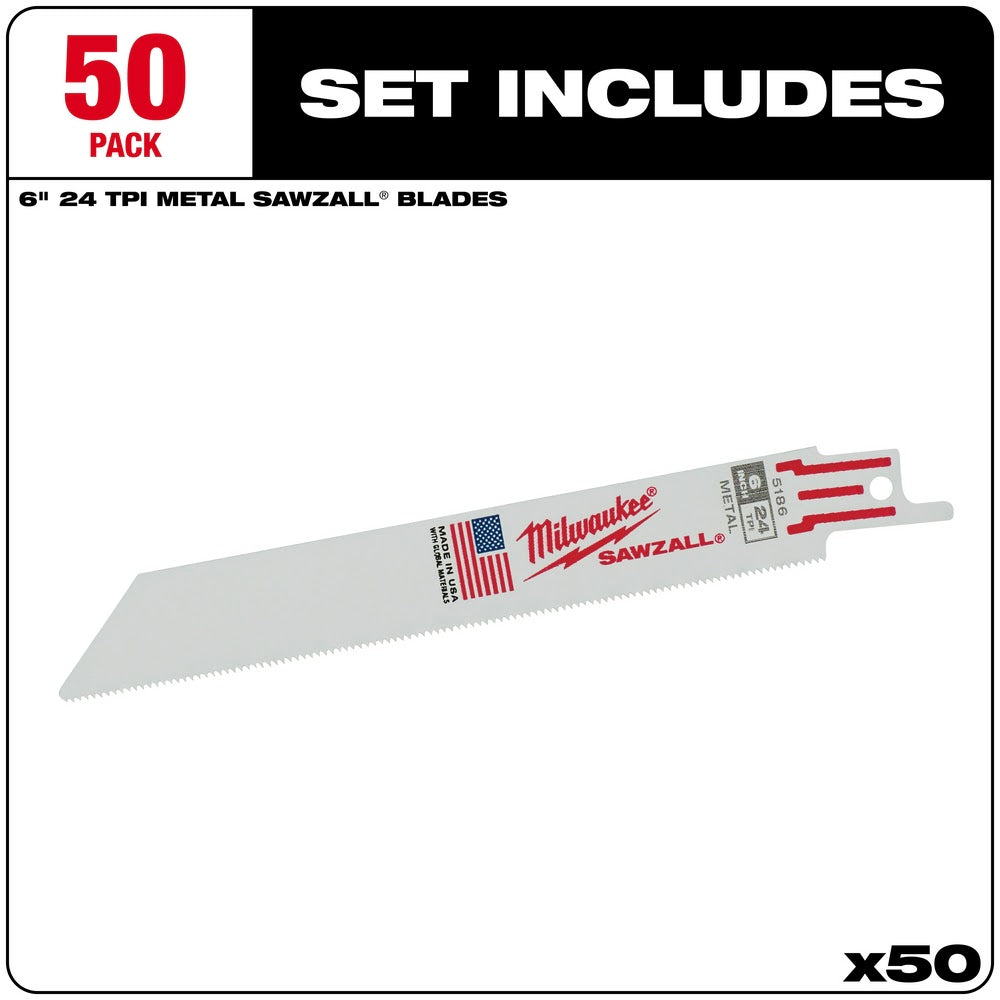 Milwaukee 48-01-6186 6" x 24TPI Bi-Metal Super Sawzall Blade, 50-Pack