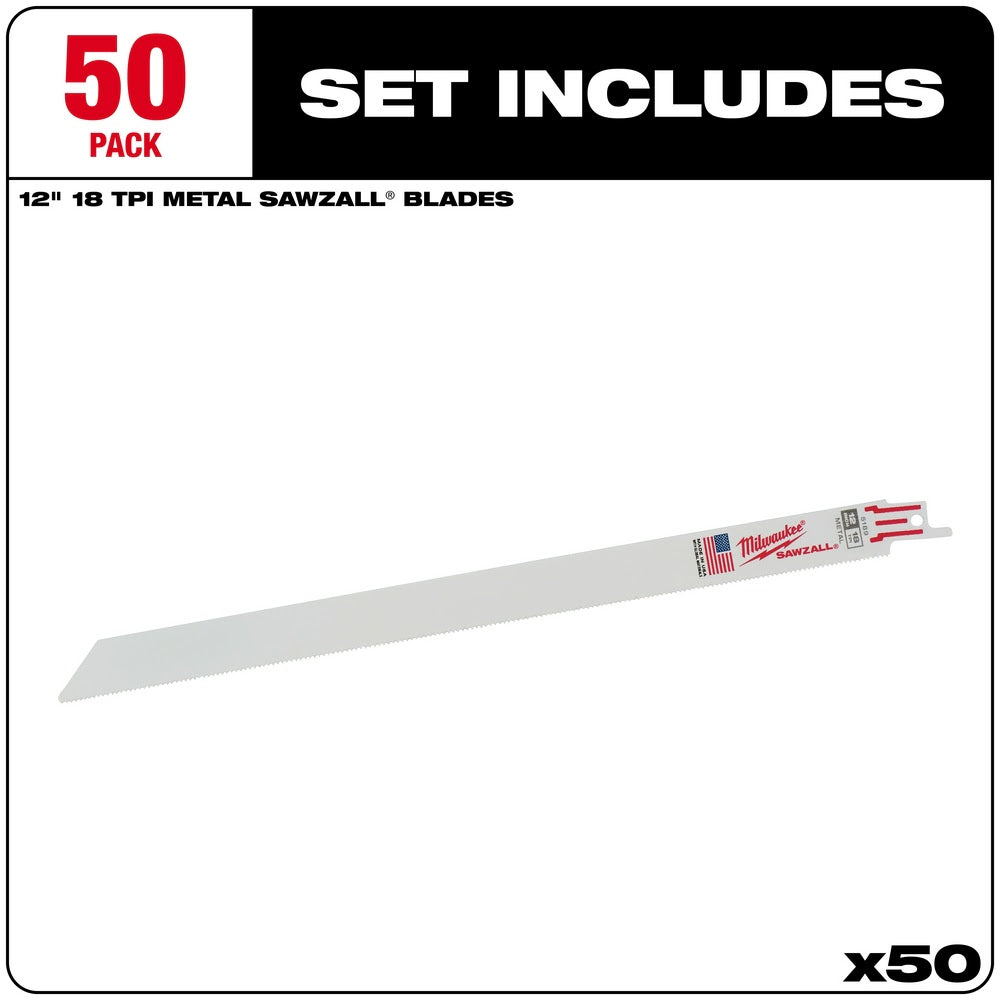 Milwaukee 48-01-6189 12" x 18TPI Bi-Metal Super Sawzall Blade, 50-Pack