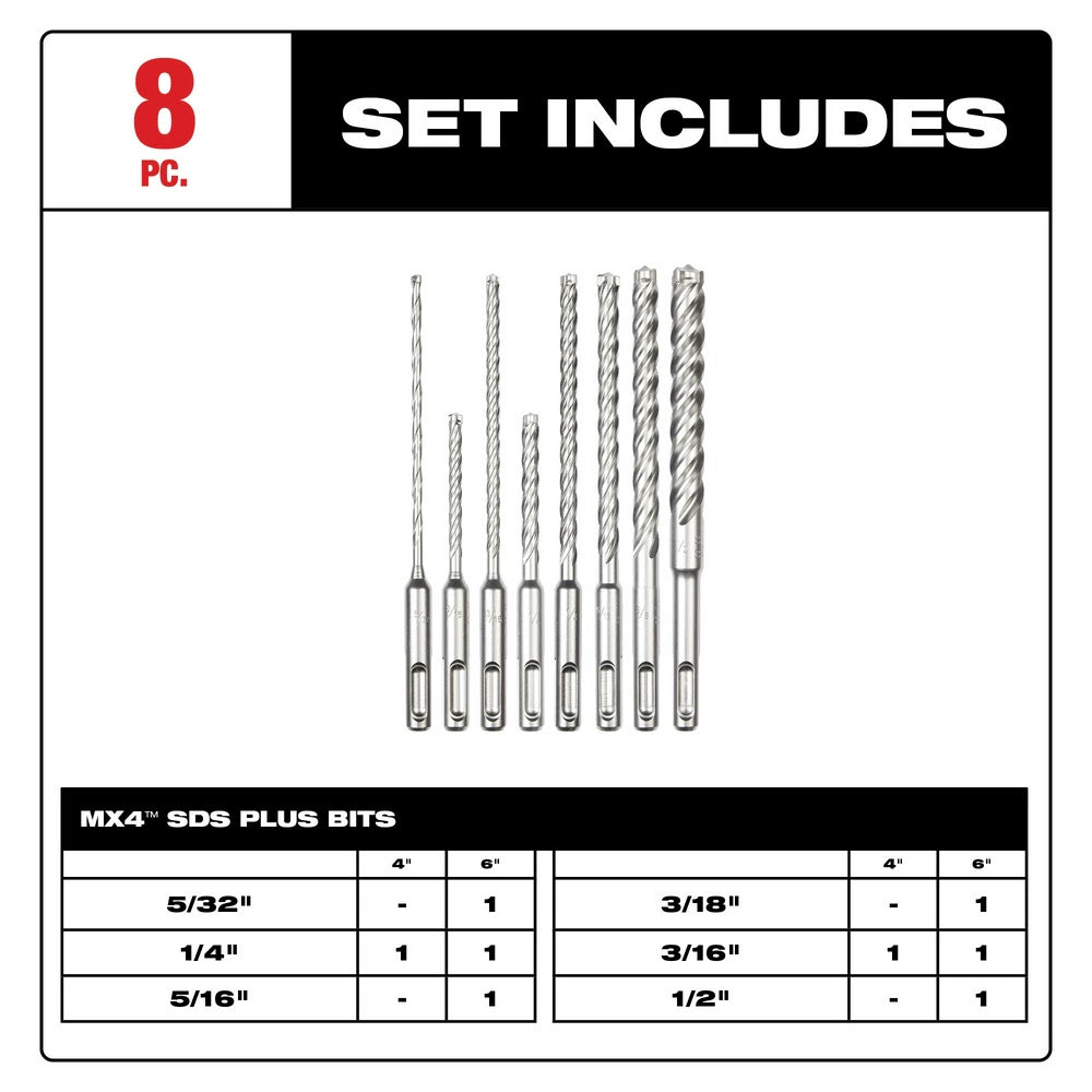 Milwaukee 48-20-7663 8pc. SDS Plus MX4 4-Cutter Drill Bit Kit